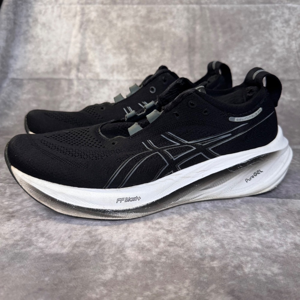 Asics Gel-Nimbus 25 Mens 10 Running Shoes Black White FF Blast+ *No Laces *liner
